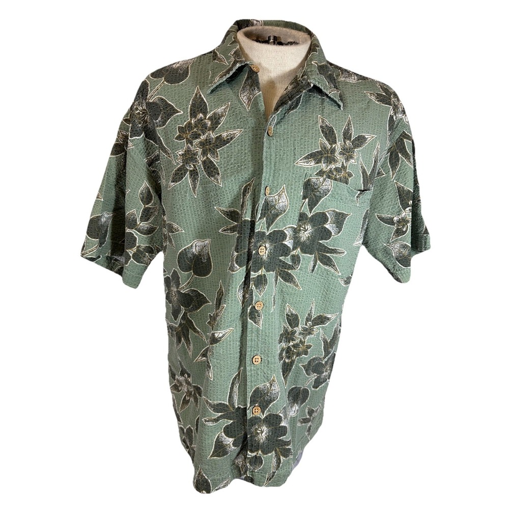 Hawaiian Shirt Mens M ANCHOR BLUE Green Floral Seersucker Camp Casual Shirt